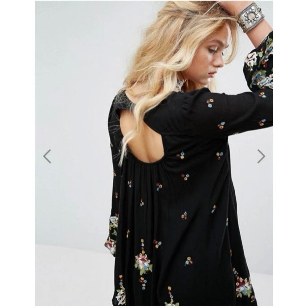 Free People Oxford Black Embroidered Swing Dress Boho Viscose XS Cottagecore - Picture 3 of 10